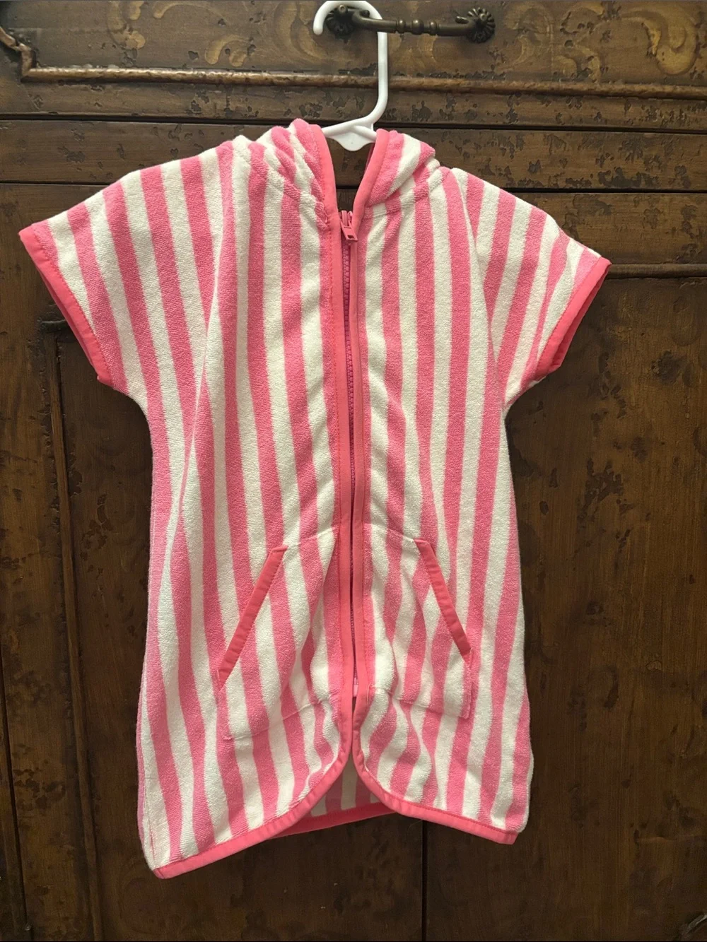 Kids Pink & White Striped Hooded Swim Coverup - Unbranded